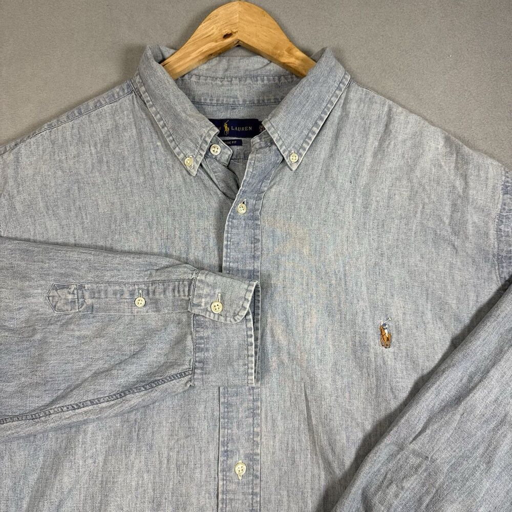 Polo Ralph Lauren Shirt Mens 2XB Big Classic Fit Light Blue Chambray Denim Pony⁠